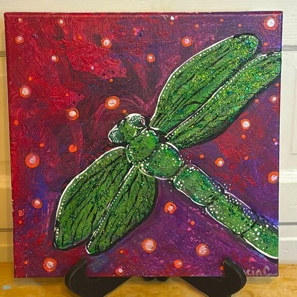 Original Acrylic Painting 12x12 Dragonfly in Vibrant Pink and purple hues - Picture 1 of 6